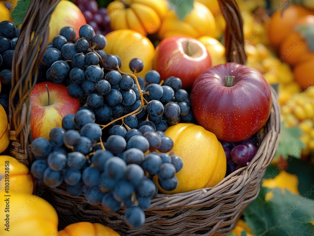Basket full of fruit including apples, grapes, and oranges. The basket is overflowing with fruit and the colors are vibrant Basket full of fruit including apples, grapes, and oranges. The basket is overflowing with fruit and the colors are vibrant