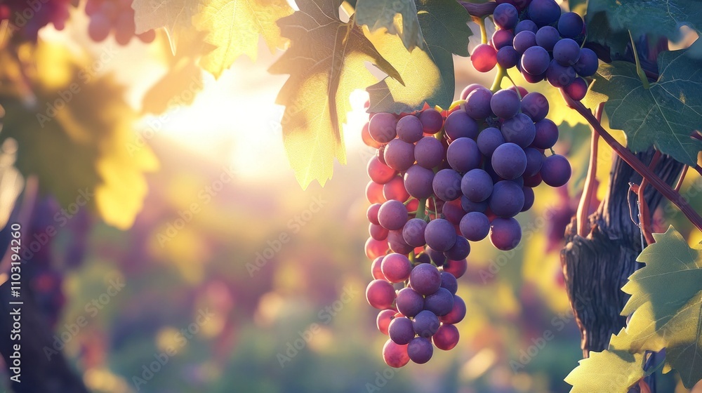 Fototapeta premium Sunlit Vineyard: Ripe Red Grapes at Sunset
