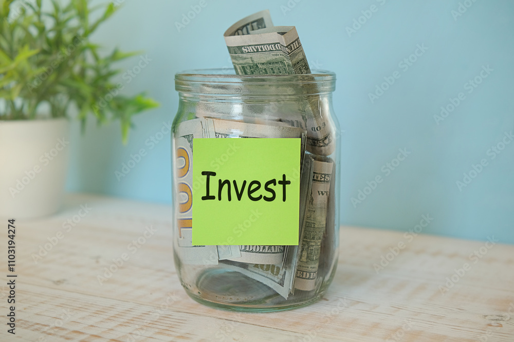 The glass jar is filled with dollars. On the bank there is a card with the inscription INVEST. Located on the table. The glass jar is filled with dollars. On the bank there is a card with the inscription INVEST. Located on the table.