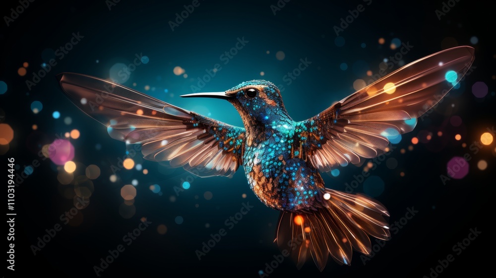 Obraz premium Concept of harmonious data flow represented by a digital hummingbird gracefully in flight