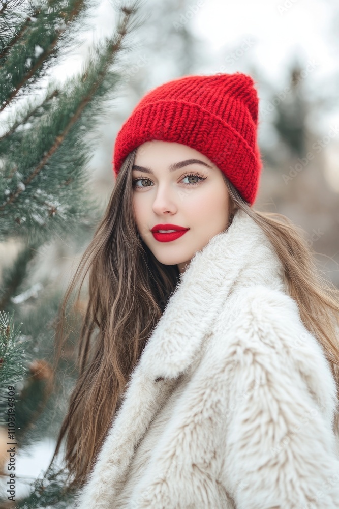 Woman wearing a red hat and a white coat stands in front of a tree. She has red lipstick on and is smiling Woman wearing a red hat and a white coat stands in front of a tree. She has red lipstick on and is smiling