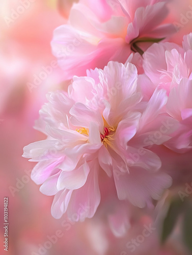 A flower is in the center of the whole picture, you can clearly see the veins of the flower, the background is transparent gradient light purple, the flower is transparent pearl white