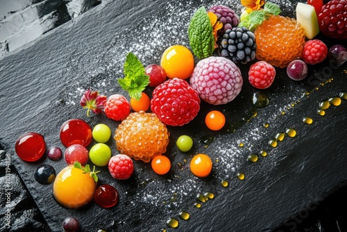 Exquisite molecular food arrangement featuring vibrant spheres, frozen berries, and mint leaves on a black slate, highlighting culinary innovation photo