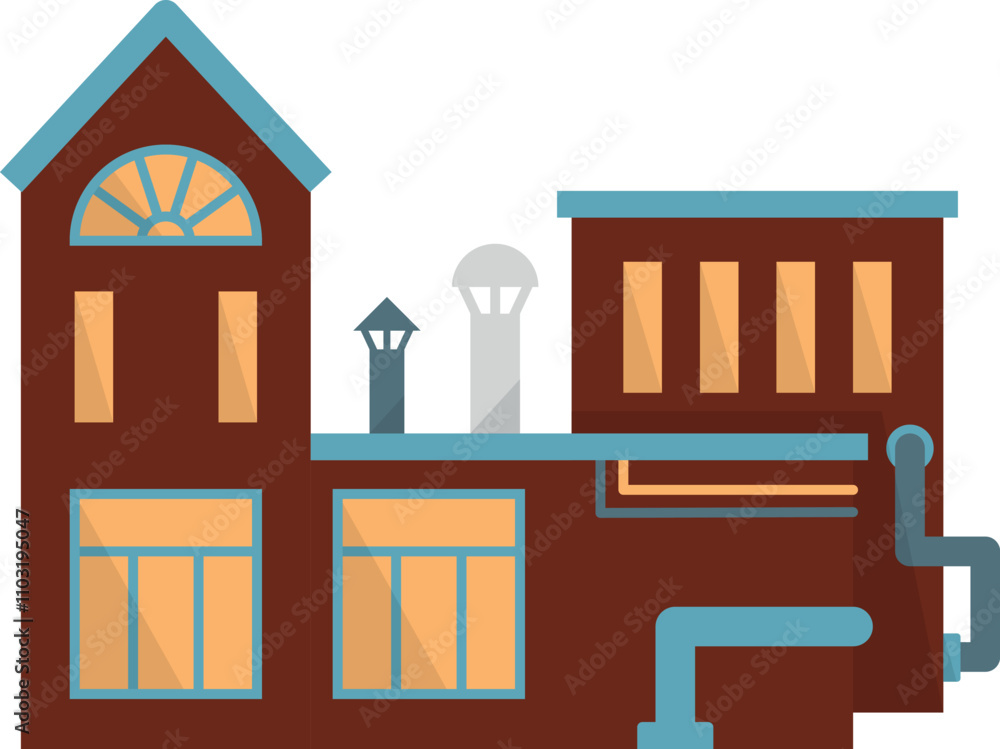 A large brick building with a chimney on the roof A large brick building with a chimney on the roof