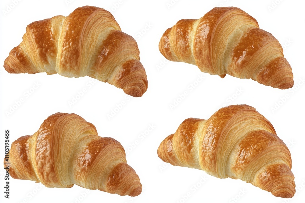 Four fresh, golden brown croissants isolated on a white background. Four fresh, golden brown croissants isolated on a white background.