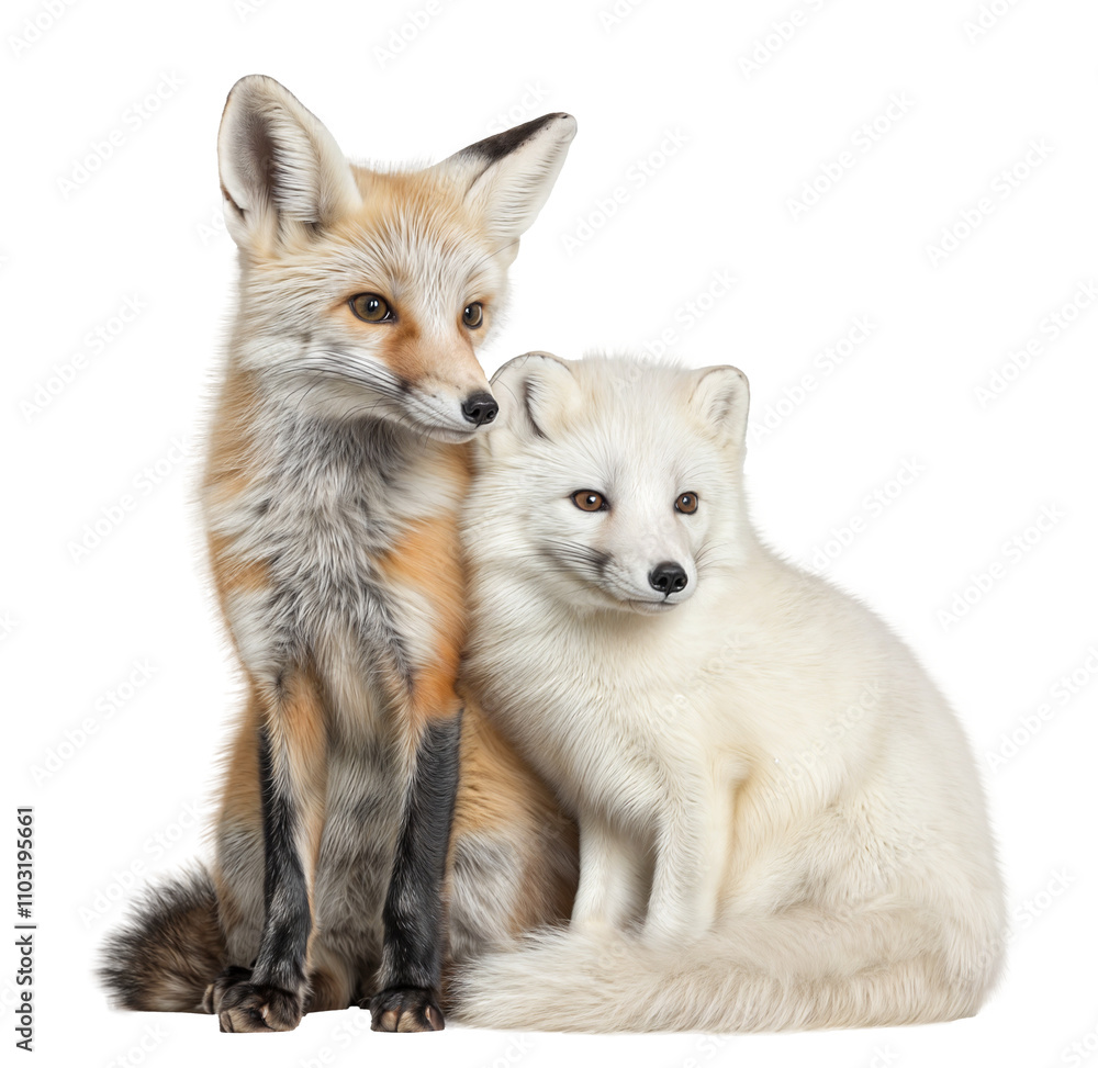 A red fox and an arctic fox sitting next to each other, isolated on a white background A red fox and an arctic fox sitting next to each other, isolated on a white background