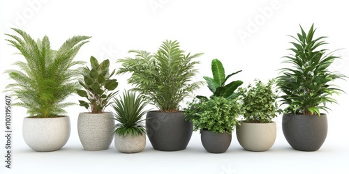 Seven potted plants with green leaves on a white background.