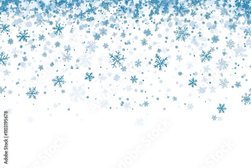 Abstract white background with scattered snowflakes in a variety of sizes and shades of blue.