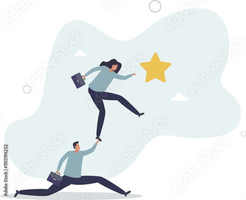 Reach for the star, teamwork or support to achieve business goal, partnership or manager mentorship to help success concept.flat characters.