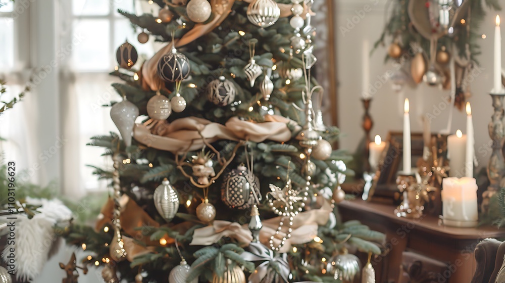 A Victorian-style Christmas tree adorned with antique-style decorations, capturing the elegance and timeless beauty of a classic holiday celebration. A Victorian-style Christmas tree adorned with antique-style decorations, capturing the elegance and timeless beauty of a classic holiday celebration.