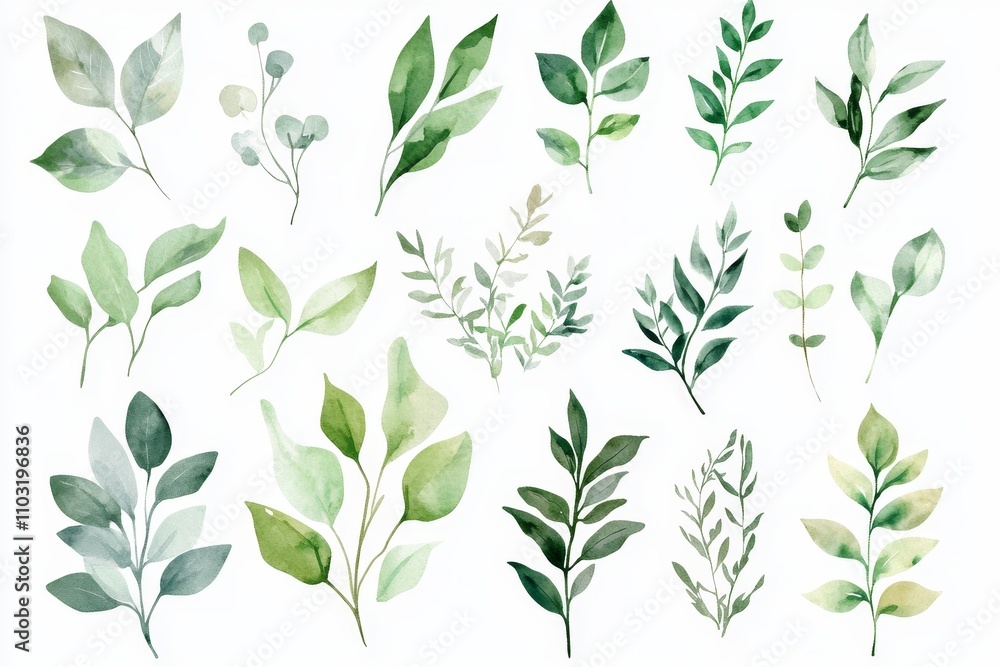 Naklejka premium Set of watercolor green leaves.
