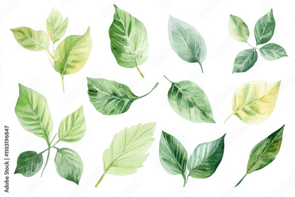 Watercolor painting of green leaves with different shapes and sizes. Watercolor painting of green leaves with different shapes and sizes.