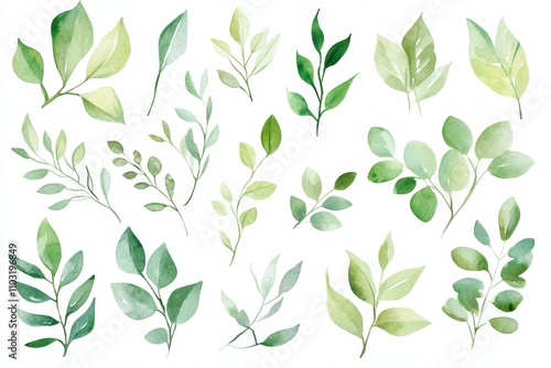 Watercolor Green Leaves Set.