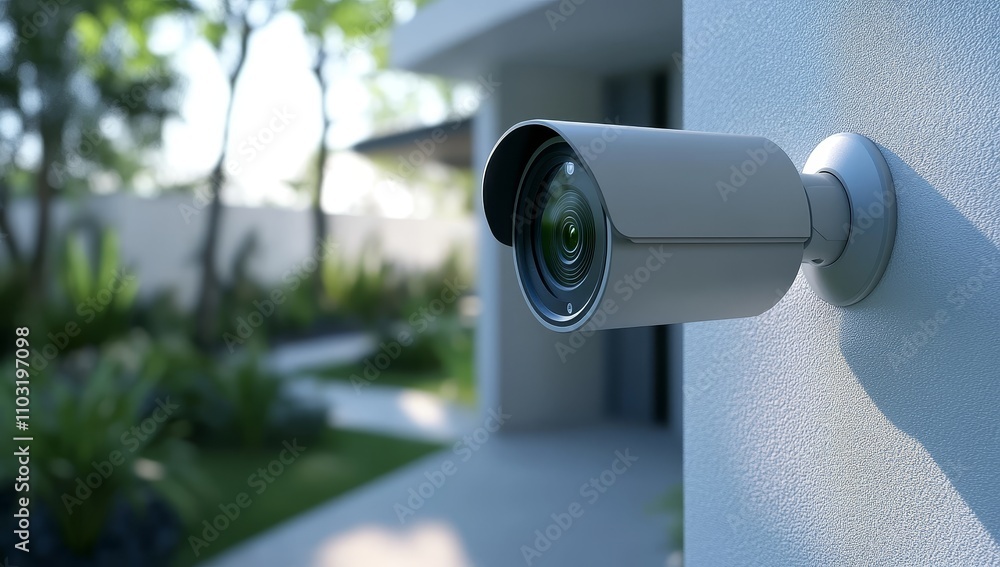 Security camera mounted on a white wall with a blurred background of green foliage. Security camera mounted on a white wall with a blurred background of green foliage.
