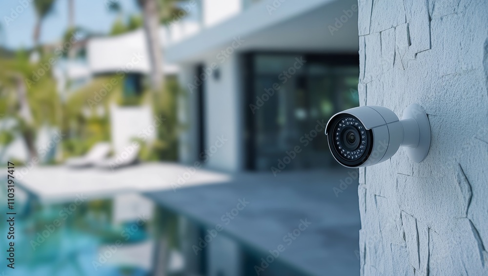 A security camera mounted on a wall outside a modern home with a pool in the background. A security camera mounted on a wall outside a modern home with a pool in the background.