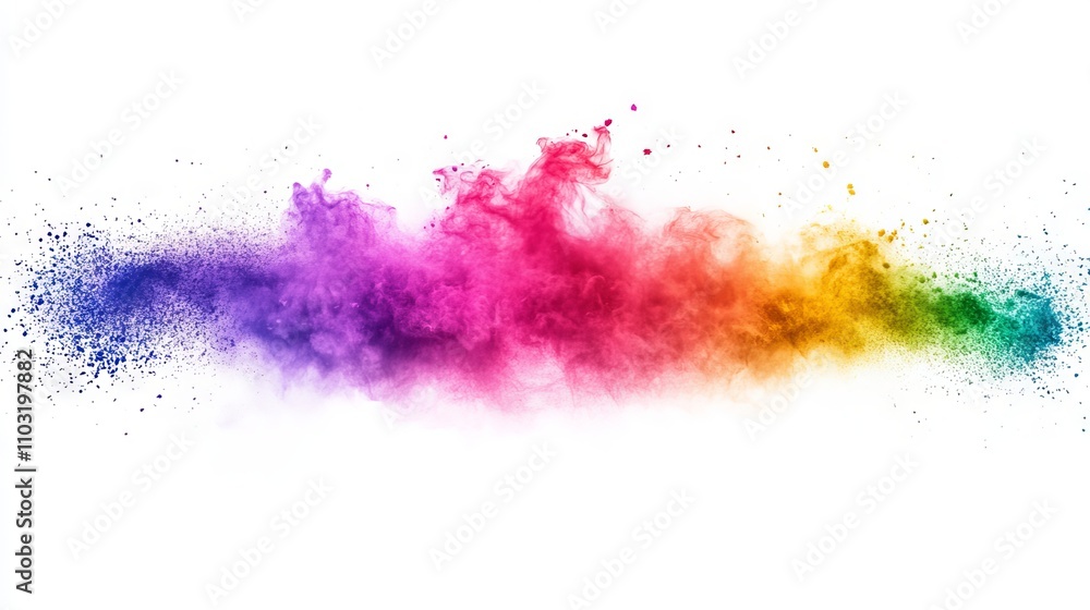 Vibrant rainbow holi paint color powder explosion isolated on white background, wide panoramic view of colorful festival celebration Vibrant rainbow holi paint color powder explosion isolated on white background, wide panoramic view of colorful festival celebration
