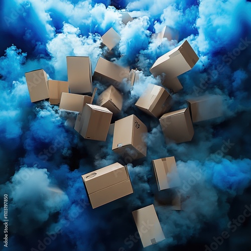 A dynamic explosion of cardboard boxes against a vibrant blue smoke backdrop.