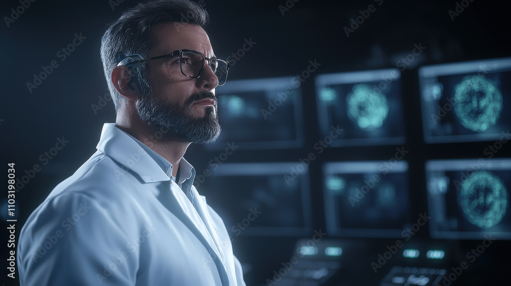 scientist in white coat stands confidently at control panel, surrounded by advanced technology and monitors displaying data. atmosphere is focused and professional, highlighting importance of scientist in white coat stands confidently at control panel, surrounded by advanced technology and monitors displaying data. atmosphere is focused and professional, highlighting importance of