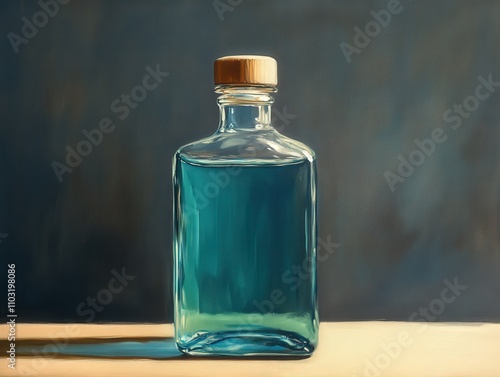 An elegant glass bottle filled with blue liquid, featuring a wooden cork, perfect for showcasing beauty and craftsmanship.