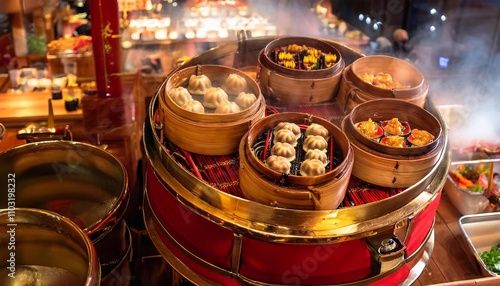 Steaming hot dim sum being prepared in bamboo baskets