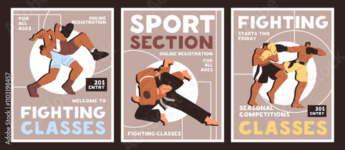 Sports fights event posters set. Martial art school advertising. Promotion templates of wrestling training, boxing lesson. Fighters competitions, wrestlers tournaments. Flat vector illustrations