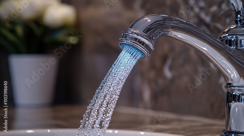 Close-up of a modern faucet with flowing water, showcasing elegance and functionality in a stylish bathroom setting. photo