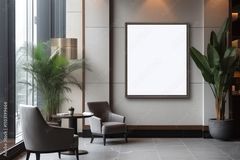 A Mockup of a blank white vertical picture frame on the wall in the modern hotel lobby. A Mockup of a blank white vertical picture frame on the wall in the modern hotel lobby.