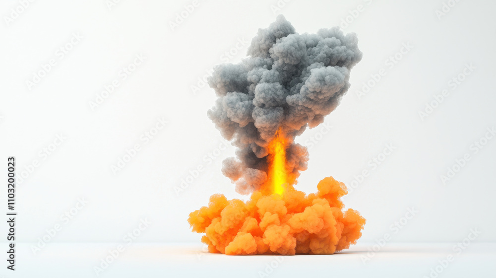 vibrant explosion of orange and gray smoke rises dramatically against white background, creating striking visual impact. contrasting colors evoke sense of energy and intensity vibrant explosion of orange and gray smoke rises dramatically against white background, creating striking visual impact. contrasting colors evoke sense of energy and intensity