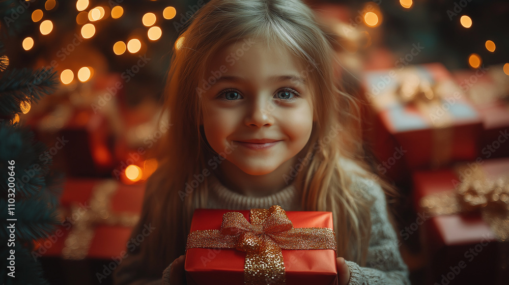 Portrait of a happy little girl with a gift at home with a beautiful Christmas tree in the background. The atmosphere of magic