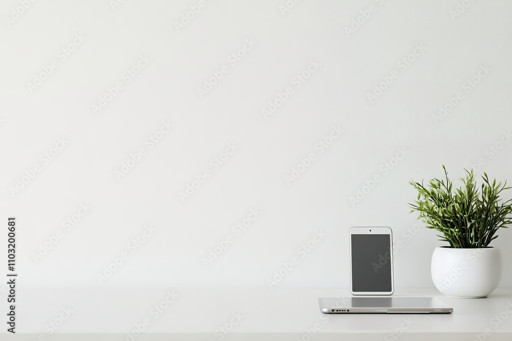 Minimalist workspace with laptop, smartphone and plant Minimalist workspace with laptop, smartphone and plant