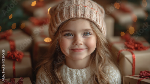 Portrait of a happy little girl with a gift at home with a beautiful Christmas tree in the background. The atmosphere of magic