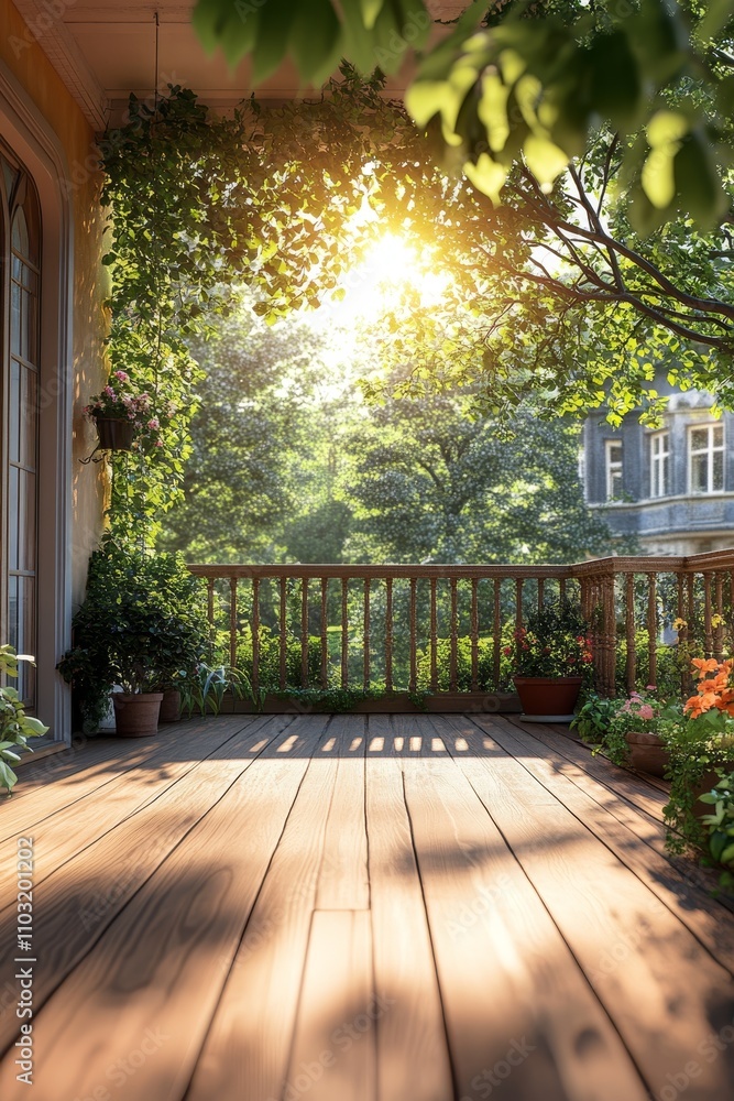 Fototapeta premium Sunlight streams onto a wooden terrace adorned with lush green plants and flowers, creating a serene and inviting outdoor space.