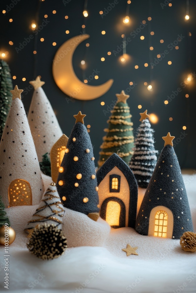 Cozy felt Christmas village with lit houses and trees, set against a starry night backdrop, creating a festive atmosphere. Cozy felt Christmas village with lit houses and trees, set against a starry night backdrop, creating a festive atmosphere.