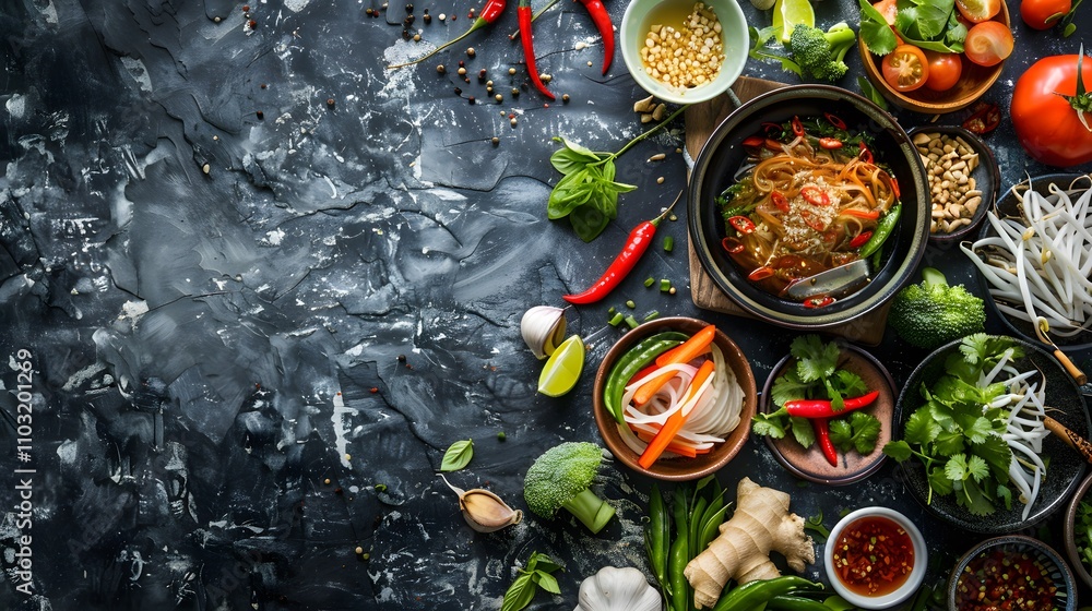 Asian food background with various ingredients on rustic stone background Asian food background with various ingredients on rustic stone background