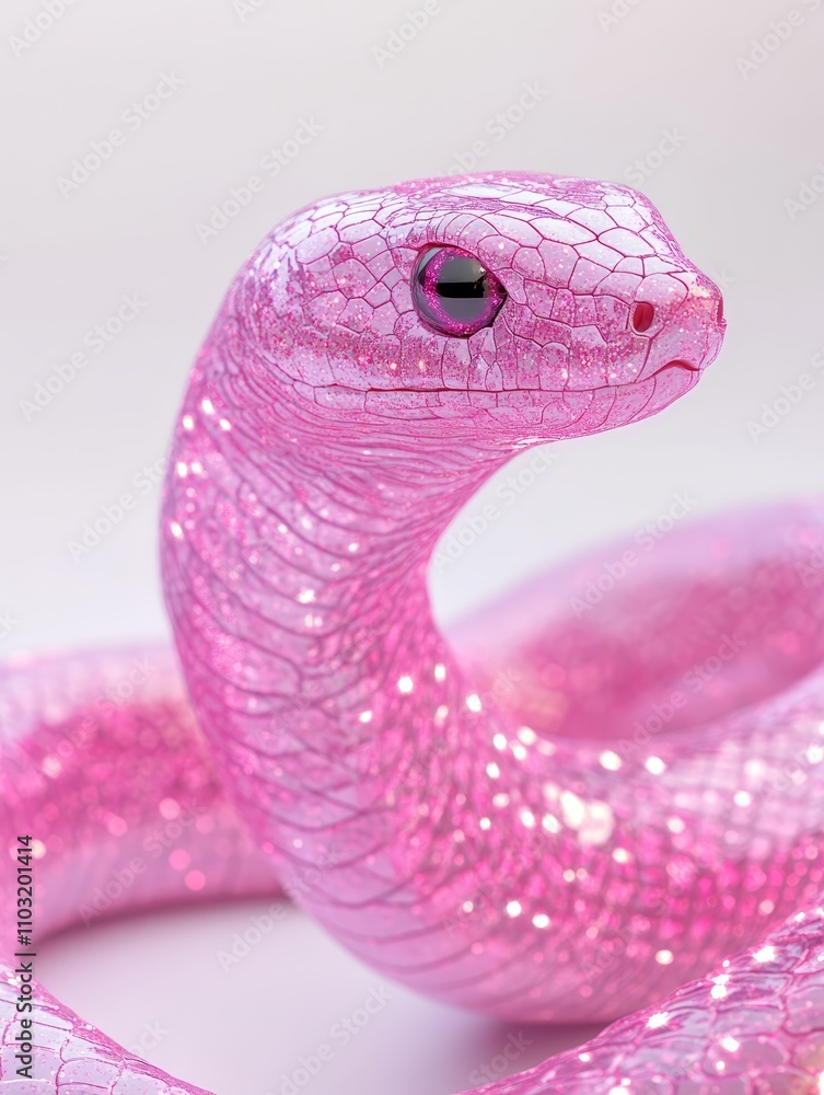 Fototapeta premium Close-up of a glittery, pink snake sculpture with intricate scale details, perfect for fantasy art and design inspiration.