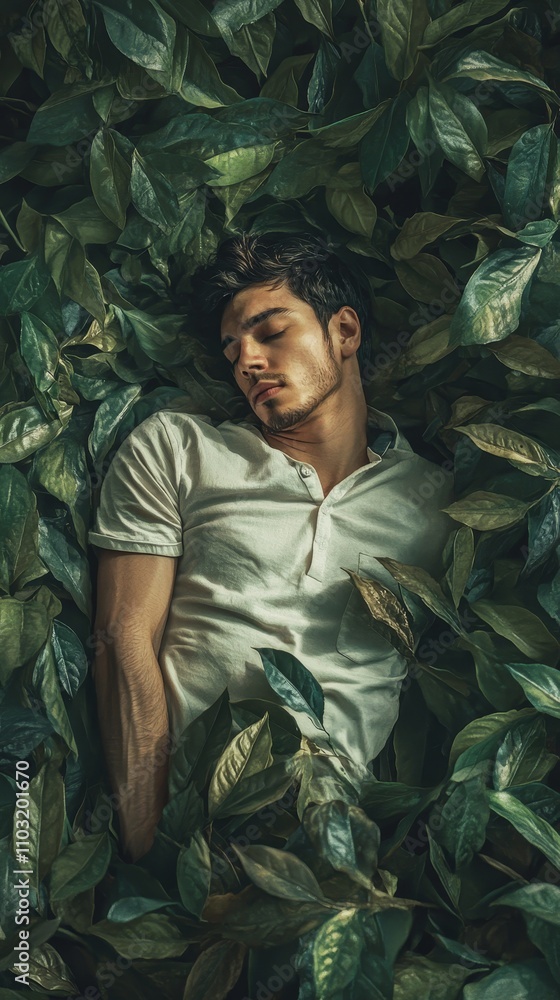 Fototapeta premium Young man in white shirt sleeping surrounded by lush green leaves, conveying tranquility, nature, and relaxation in a serene setting.