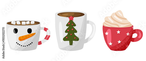 Cute set of mugs with hot cocoa or coffee, marshmallows. Christmas chocolate cups. For greeting cards, party invitations, posters or stickers. New year vector illustration