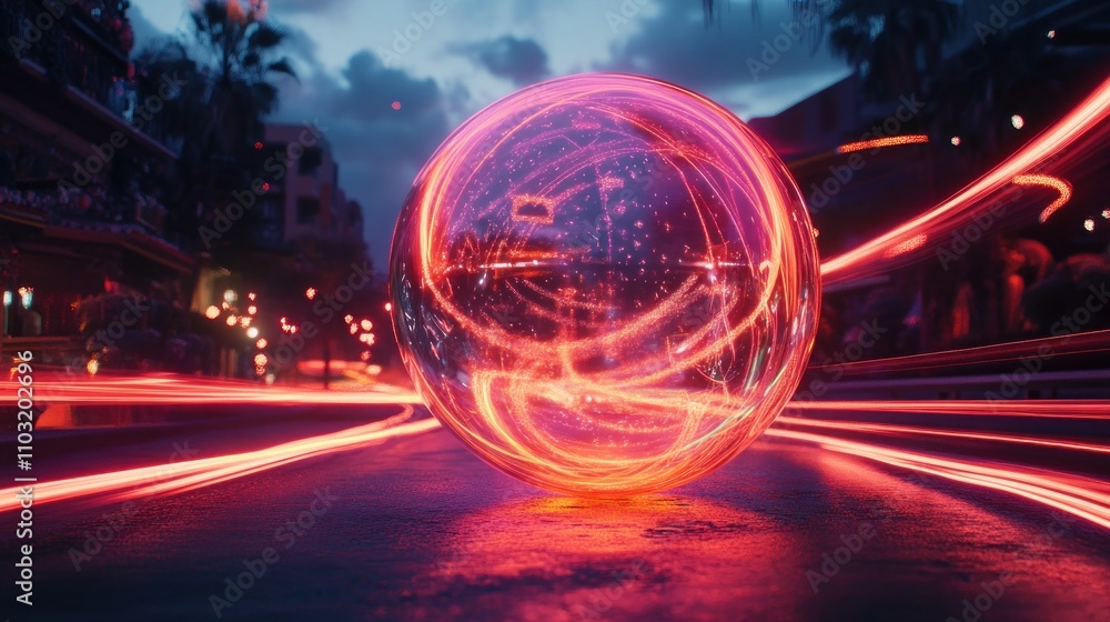 Obraz premium Glowing orb on city street at night with light trails.