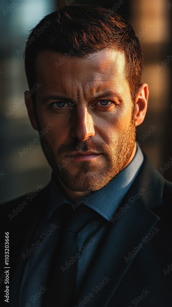 Close-up of a serious man in formal attire, with dramatic lighting highlighting his determined expression. Close-up of a serious man in formal attire, with dramatic lighting highlighting his determined expression.