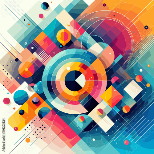 Dynamic abstract composition featuring circular forms and vibrant colors