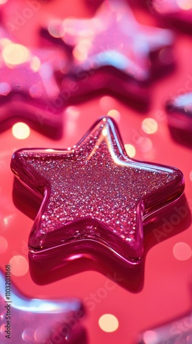 Close-up of a sparkling pink star against a shimmering backdrop.