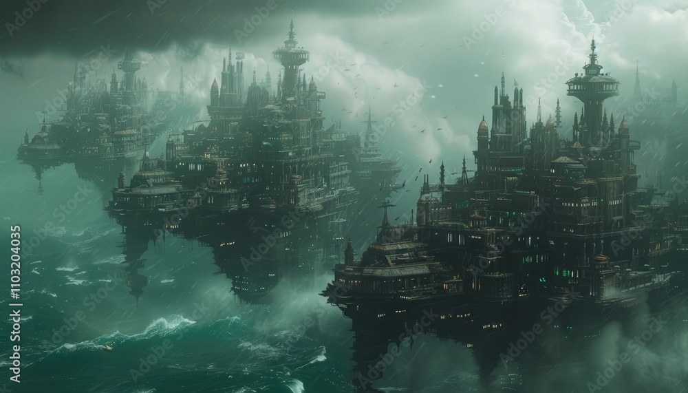 Floating Cityscape in a Stormy Sea Floating Cityscape in a Stormy Sea