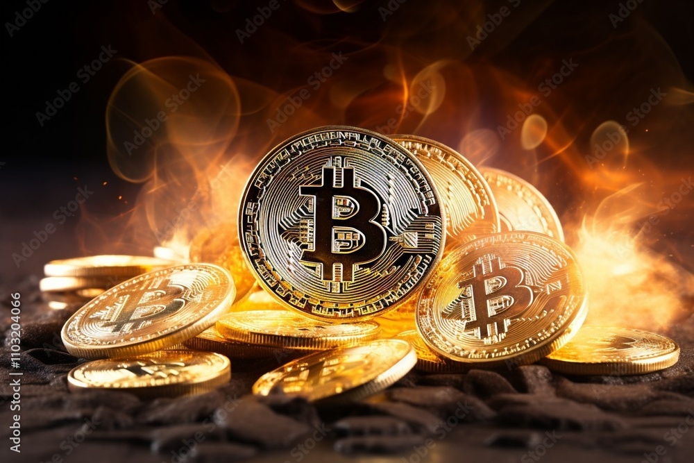 A stack of shining Bitcoin coins glowing in warm light, surrounded by fiery flames in the background. Represents cryptocurrency, digital finance, blockchain, and the concept of virtual money