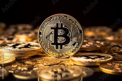 Golden Bitcoin coin stands out among a pile of shiny cryptocurrency coins, symbolizing digital currency, blockchain technology, and financial innovation in a futuristic economy