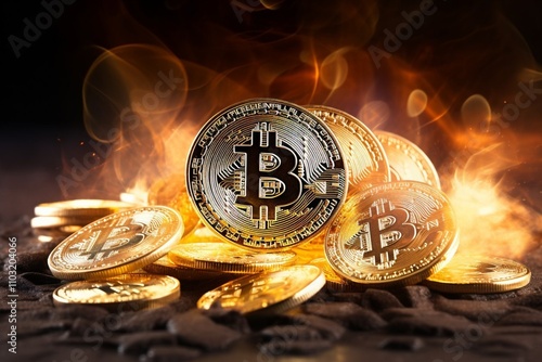 Obraz na płótnie A stack of shining Bitcoin coins glowing in warm light, surrounded by fiery flames in the background. Represents cryptocurrency, digital finance, blockchain, and the concept of virtual money w salonie