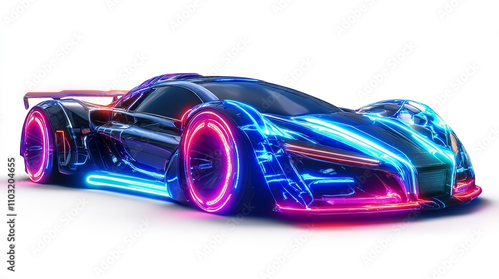 Futuristic sports car in neon lights dynamic motion isolated Futuristic sports car in neon lights dynamic motion isolated