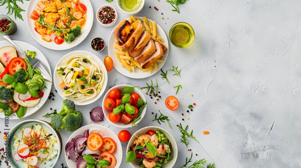 Assortment of healthy food dishes. Top view. Free space for your text Assortment of healthy food dishes. Top view. Free space for your text