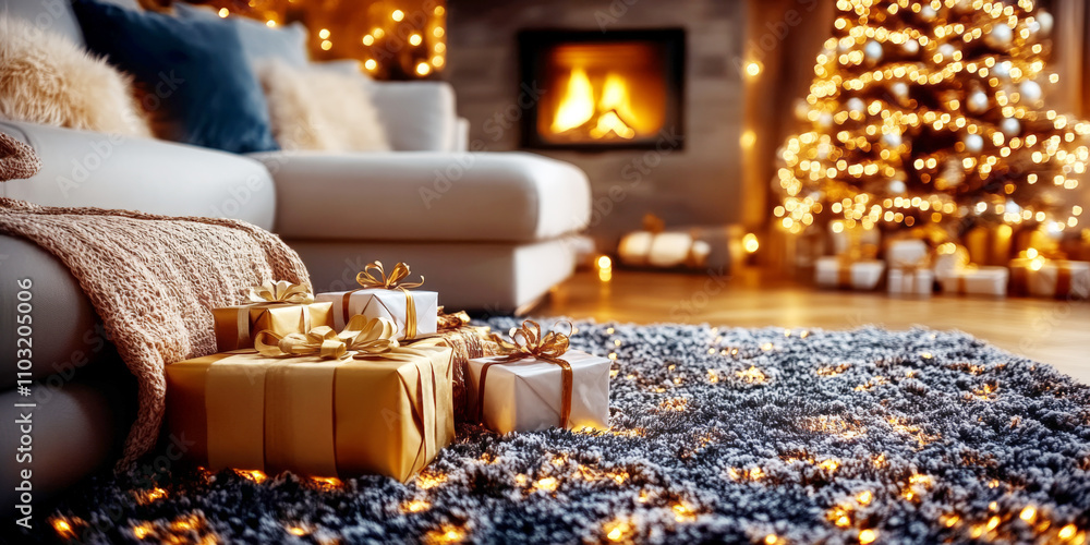 The warmly lit living room with a glowing spiral Christmas tree, neatly arranged gifts The warmly lit living room with a glowing spiral Christmas tree, neatly arranged gifts