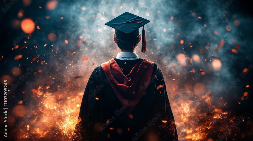 Back view of a graduate in cap and gown, standing confidently amidst a dramatic background of fiery sparks. Back view of a graduate in cap and gown, standing confidently amidst a dramatic background of fiery sparks.