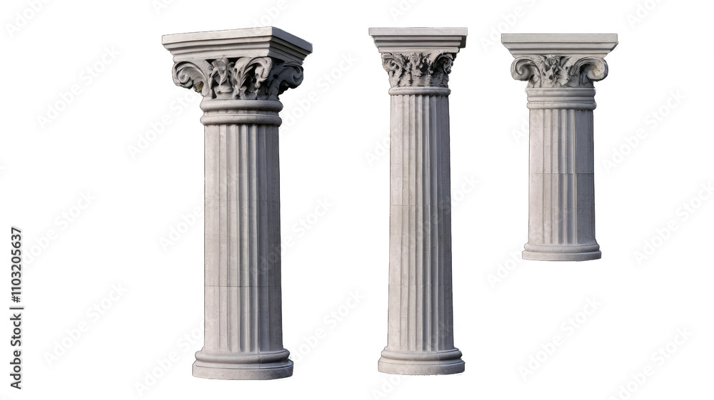 Obraz premium Three classical columns, varying in height, isolated on transparent background